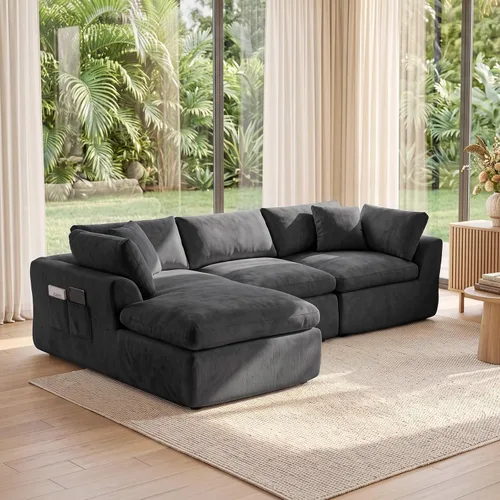 Vista 17 de Sofá nube sin hueso de 111 pulgadas en forma de L con diván, sofá modular de 3 plazas para sala de estar, sofás de felpilla deshuesados de gran Beige