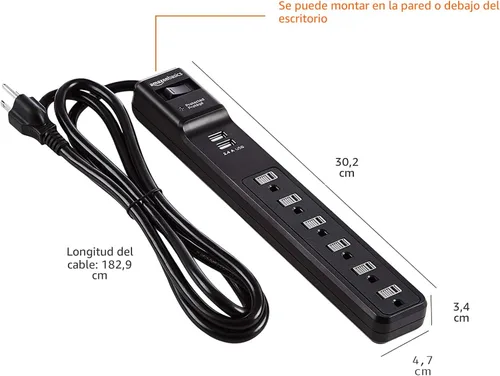 Vista 6 de Amazon Basics Regleta de protección contra sobretensiones con 6 tomas, 2 puertos USB, 1000 julios, cable de 6 pies de longitud, color negro