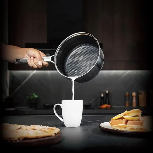 Vista 4 de Cacerola híbrida antiadherente de 1.5 cuartos de galón con tapa, olla de panal de acero inoxidable con dos boquillas de vertido, compatible