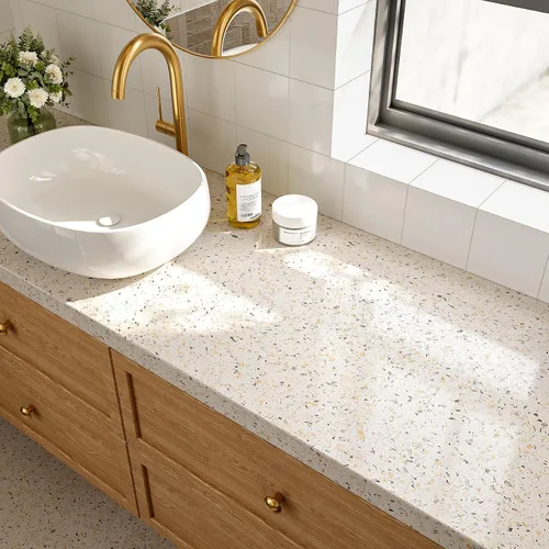 Vista 3 de LACHEERY Papel adhesivo de granito beige para encimeras, papel adhesivo de terrazo beige impermeable, para despegar y pegar, encimeras de granito