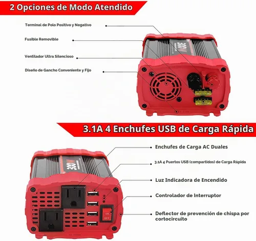 Vista 5 de Inversor de corriente para automóvil de 300 W, convertidor de adaptador de enchufe de vehículo de 12 V CC a 110 V CA con 4 puertos de carga rápida