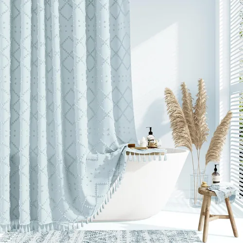 Vista 9 de Dynamene Cortina de ducha de tela de 36 x 72 pulgadas, diseño bohemio, geométrico, a rayas, para baño, juego de cortina de ducha estrecha gruesa