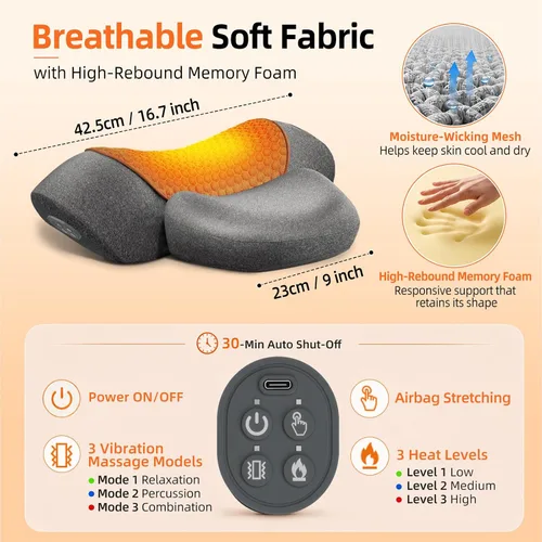 Vista 9 de Almohada masajeadora de cuello inalámbrica 3 en 1 con calor, vibración