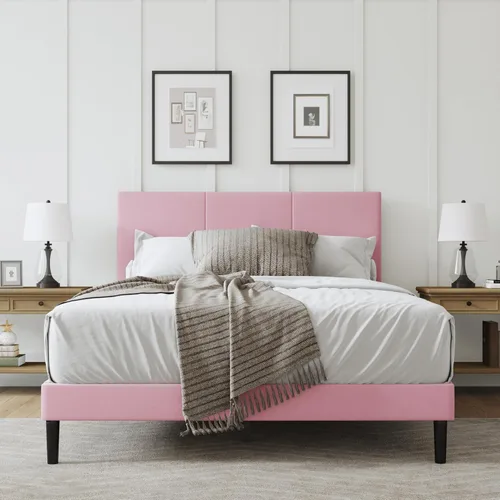 Vista 8 de Marco de cama tamaño Queen con cabecero – Marco de cama de plataforma resistente tapizado con canales verticales acolchados elegante con listones