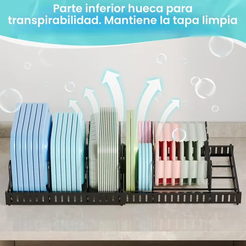 Vista 8 de Organizador de tapa expandible para contenedores de alimentos, gran capacidad, ajustable, 8 divisores, organizador de tapa desmontable