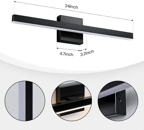 Vista 6 de KAISITE Luz de Baño Moderna Negra - Lámpara de Tocador LED Regulable de 5CCT de 24 Pulgadas para Espejo