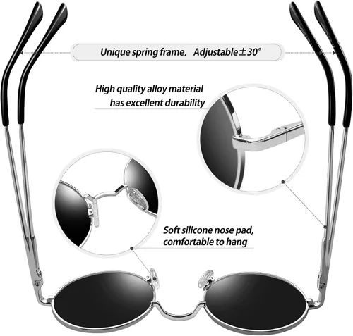 Vista 4 de KANASTAL Lentes de sol redondos polarizados para hombres y mujeres, estilo steampunk, retro, de metal, clásico, hippie, con protección UV400
