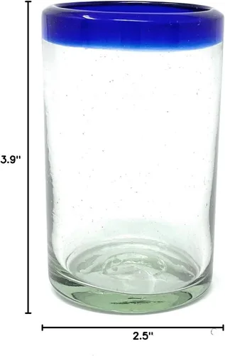 Vista 9 de Vasos mexicanos soplados a mano, juego de 6 vasos de jugo con bordes azul cobalto (8 onzas cada uno)