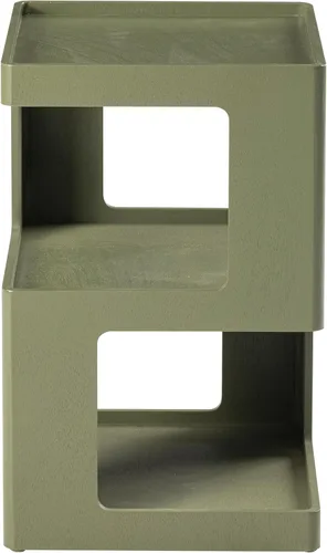 Vista 9 de COZAYH Mesa auxiliar de madera geométrica de granja, mesa auxiliar envejecida con dos espacios de almacenamiento, diseño de cubo de 3 capas