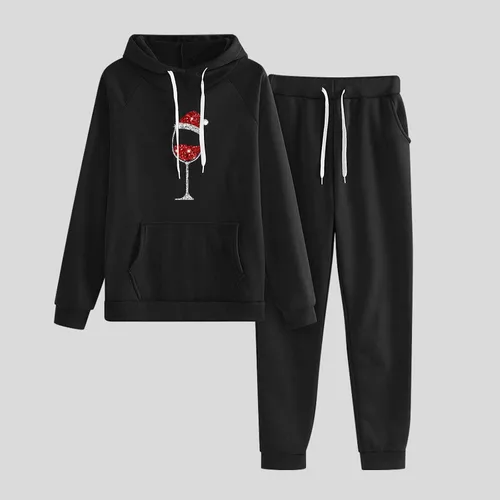 Vista 2 de Conjunto de dos piezas estampado navideño para mujer sudadera con capucha y cordón manga larga pantalones chándal traje