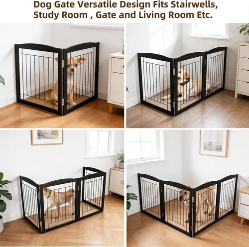 Vista 4 de ZJSF Puerta plegable independiente para perros para casa, puerta de madera extra ancha para cachorros, escaleras, puertas para mascotas, valla alta