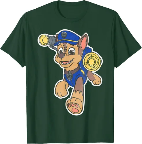 Vista 99 de Paw Patrol Chase Character Patch - Camiseta negra de manga corta con cuello redondo y ajuste clásico, talla S Negro