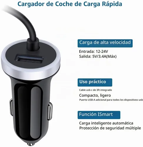Vista 3 de Cargador de coche USB C, adaptador de coche de carga rápida de 3.4 A+cable tipo C de 3 pies para Samsung Galaxy S25 S24 S23 S22 S21 S20 S10 Note 20