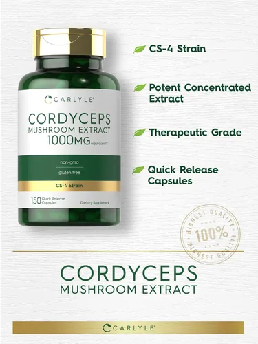 Vista 4 de Carlyle Cordyceps Cápsulas de hongos 150 unidades Extracto de hongos cepa CS-4 Sin OMG y sin gluten
