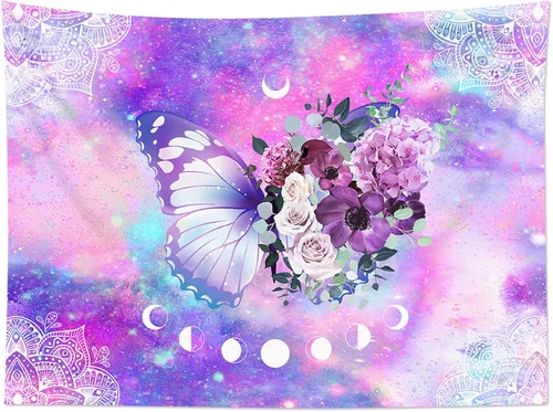Vista 20 de HVEST Tapiz retro rojo de hongos para colgar en la pared, diseño floral rosa con fresa y mariposa en beige, tapiz para dormitorio, flores, plantas