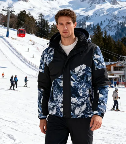 Vista 2 de FTIMILD Chaqueta de esquí impermeable para hombre de invierno, forro polar de alta visibilidad con capucha acolchada y diseño de patchwork