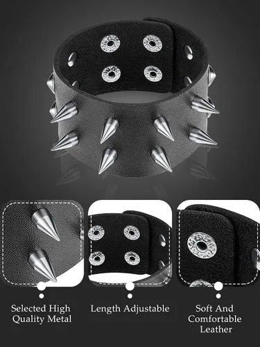 Vista 3 de Hicarer Pulsera punk de cuero de 3 piezas para hombres y mujeres, pulsera de los años 80, pulsera gótica punk rock, brazalete unisex para fiesta