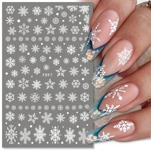 Vista 3 de Calcomanías de arte de uñas de copo de nieve, calcomanías de copo de nieve blanco 3D, diseños de Navidad, calcomanías de uñas autoadhesivas