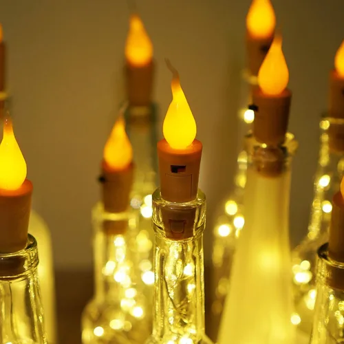 Vista 6 de Luces para botella de vino con llama de vela, paquete de 10 tiras de luces LED de corcho sin llama, funciona con pilas, alambre de cobre, mini luces