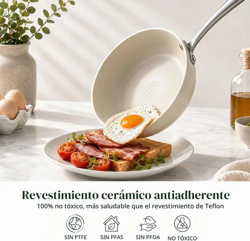 Vista 2 de Redchef Juego de sartenes antiadherentes de cerámica, 4 piezas, beige