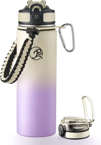 Vista 16 de GOSWAG - Botella de agua de viaje de acero inoxidable aislada de 24 onzas, 2 tapas with straw and no straw, Paracord handle, Double-wall vacuum