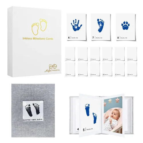 Vista 12 de Little Lullaby - Tarjetas de hitos sin tinta para manos y huellas, kit de almohadilla de tinta para recuerdos para bebé recién nacido (paquete de 6)