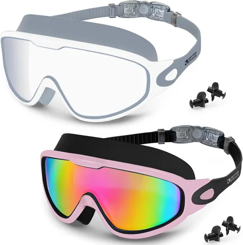Vista 9 de Water Space Paquete de 2 gafas de natación para adultos, hombres y mujeres, protección UV antivaho sin fugas, visión amplia de 180°, visión clara
