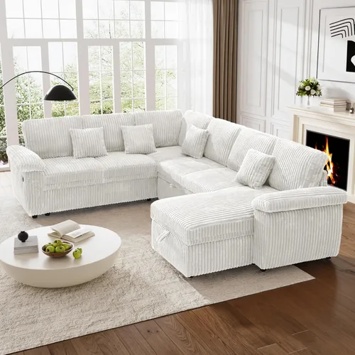 Vista 6 de Sofá cama modular de 110 pulgadas con cama extraíble, diván de almacenamiento y carga USB, sofás seccionales de pana de felpa en forma de U beige
