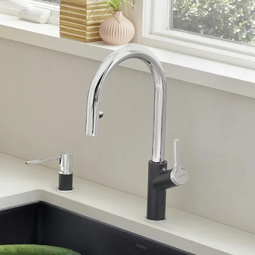 Vista 4 de BLANCO Diamond SILGRANIT - Fregadero de cocina súper individual con grifo de cocina desplegable Urbena a juego de color, color antracita