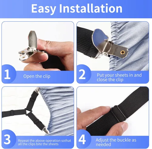 Vista 5 de Luyena - Correas para sábanas de cama, 4 + 1 soporte de clips para sábana bajera, clip triangular mejorado para esquina, correa elástica ajustable