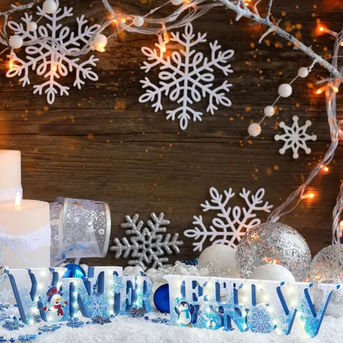 Vista 6 de Jetec 2 Piezas Invierno LED Copos de Nieve Centro de Mesa de Nieve Muñecos de Nieve Madera Señal Iluminada Adorno para Decoración de Bandeja