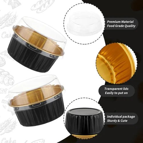 Vista 5 de Paquete de 200 recipientes de aluminio para cupcakes, tazas de postre de 5 onzas con tapas, mini moldes para pasteles con tapas para regalo