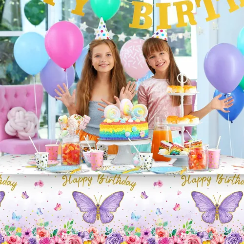 Vista 5 de Tegeme Mantel rectangular con diseño de mariposas y feliz cumpleaños, decoración de fiesta de mariposa, mantel de plástico con temática de primavera