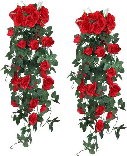 Vista 23 de RECUTMS - Guirnalda de flores artificiales colgantes de rosas negras, 2 guirnaldas florales falsas de 3.3 pies con 30 luces LED para pared
