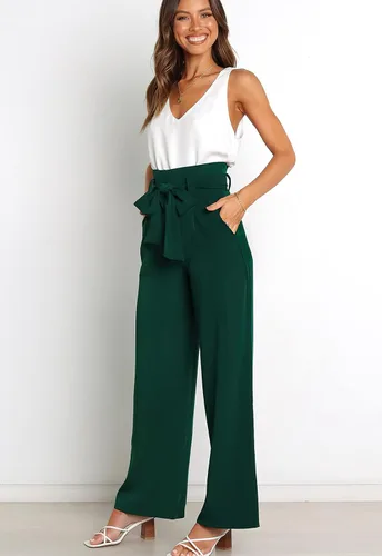 Vista 3 de ebossy Pantalones palazzo elásticos de cintura alta para mujer, pierna ancha, casual, elegante, para negocios, fiesta, pantalones largos con cinturón