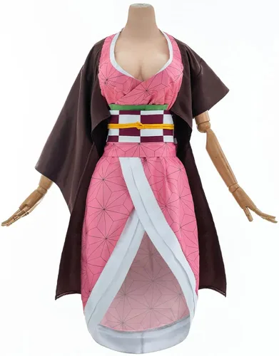 Vista 3 de Nezuko - Disfraz de kimono para niñas adultas, bata de anime japonés, disfraz de kimono de Halloween con accesorios de bambú