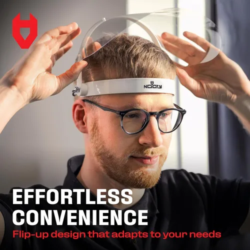Vista 5 de NoCry Máscara de protección facial con diadema ajustable y 2 viseras de plástico reutilizables — Diseño abatible con bisagras de metal duraderas