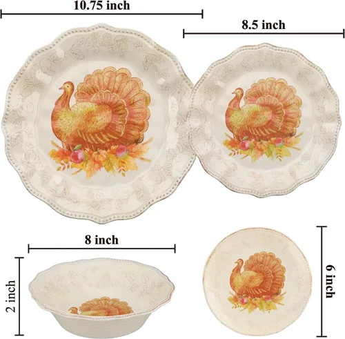 Vista 4 de UP ware - Juego de vajilla de melamina de pavo con purpurina de 16 piezas, juego de platos para exteriores, juegos de platos y cuencos, decoraciones