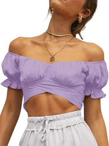 Vista 5 de FMEYOA Blusa de manga larga con hombros descubiertos para mujer, con lazo en la espalda
