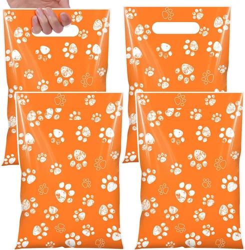Vista 9 de Pasimy 100 bolsas de regalo de pata de perro a granel, diseño de pata de mascota, bolsas de plástico con asa para decoración de fiesta de cumpleaños