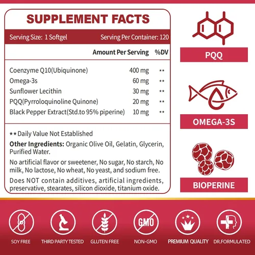 Vista 3 de ZEBORA CoQ10-400mg-Cápsulas blandas con PQQ, BioPerine y Omega-3, suplemento de coenzima Q10 (ubiquinona) para alta absorción, potente antioxidante