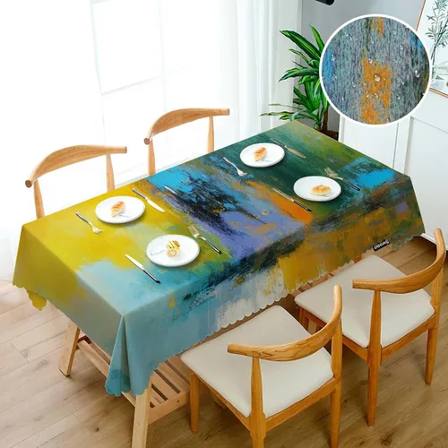 Vista 3 de Swono Mantel rectangular de pintura abstracta, diseño de bola de sol, color amarillo, turquesa, mantel de pícnic, mantel de poliéster para cocina