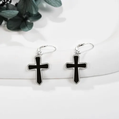 Vista 3 de Aretes de cruz de plata de ley 925 con cruz colgantes, regalos para mujer