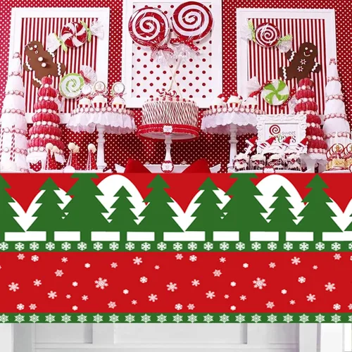 Vista 5 de Mantel de Navidad desechable, mantel de plástico para Navidad, color rojo, verde, blanco, mantel de árbol de renos y copos de nieve para decoración
