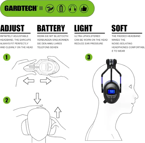 Vista 5 de Gardtech Protección auditiva con Bluetooth, orejeras de radio FM, NRR 29dB, auriculares de protección auditiva con cancelación de ruido con MP3