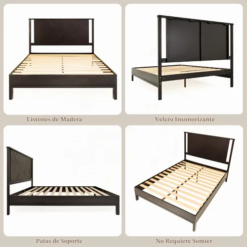 Vista 6 de Bme Ethan - Base de cama Queen con cabecera de diamante, moderna de mediados de siglo, madera de acacia maciza, no necesita somier, se adapta a