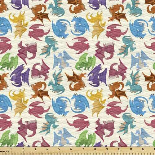 Vista 37 de Ambesonne - Tela de Dragón por The Yard, diseño de estilo de dibujos animados para niños con patrón de animales, dragones de colores, obra de arte