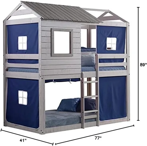 Vista 6 de Donco Kids Cabaña ciega de ciervo individual sobre cama doble rústica gris claro litera con tienda azul