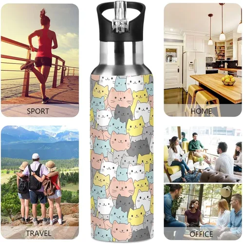 Vista 5 de BPA-Free Sports Water Bottle 20 Oz, Insulated Stainless Steel Water Bottle with Straw for Gym Outdoor Travel School, Cute Cats Colorful