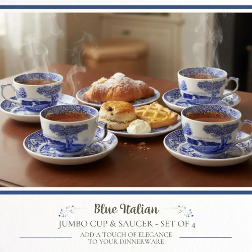 Vista 2 de Spode Taza de té y platillo italiano azul, juego de 4 tazas gigantes, taza de café, taza de 20 onzas para té, lattes, expresos y bebidas calientes